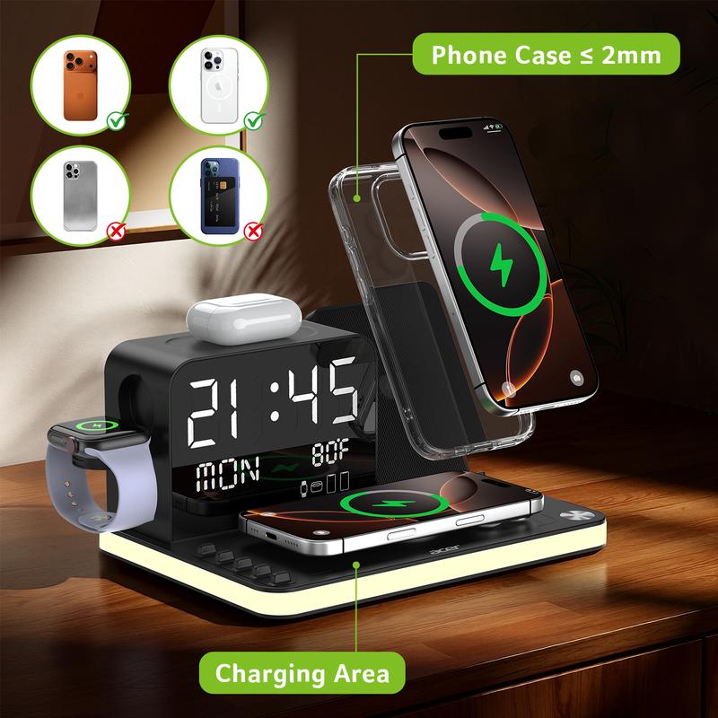 7-in-1 Wireless Charging Station with LED Night Light, Bluetooth Clock, USB-A & USB-C, Gift Ready