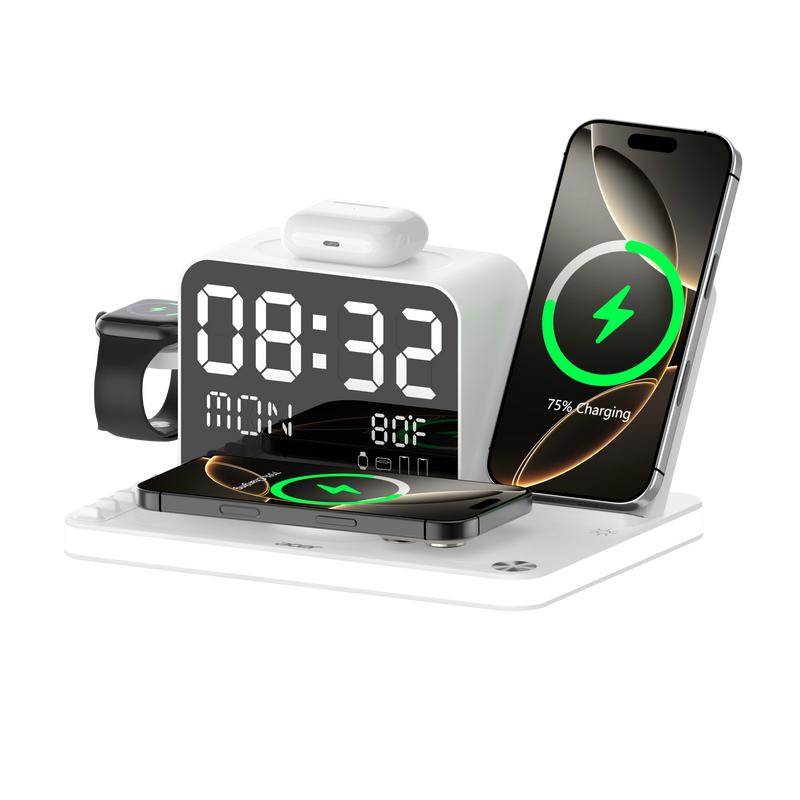 7-in-1 Wireless Charging Station with LED Night Light, Bluetooth Clock, USB-A & USB-C, Gift Ready