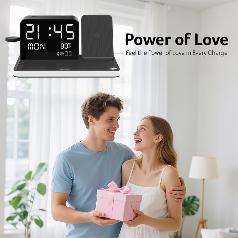 7-in-1 Wireless Charging Station with LED Night Light, Bluetooth Clock, USB-A & USB-C, Gift Ready