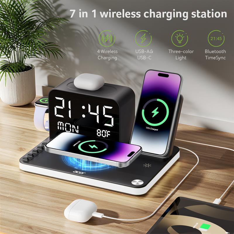 7-in-1 Wireless Charging Station with LED Night Light, Bluetooth Clock, USB-A & USB-C, Gift Ready