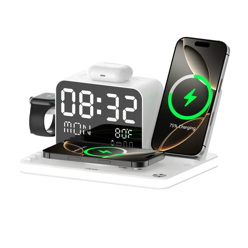 7-in-1 Wireless Charging Station with LED Night Light, Bluetooth Clock, USB-A & USB-C, Gift Ready