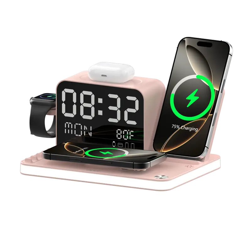 7-in-1 Wireless Charging Station with LED Night Light, Bluetooth Clock, USB-A & USB-C, Gift Ready