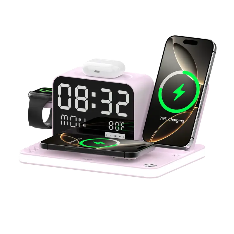 7-in-1 Wireless Charging Station with LED Night Light, Bluetooth Clock, USB-A & USB-C, Gift Ready